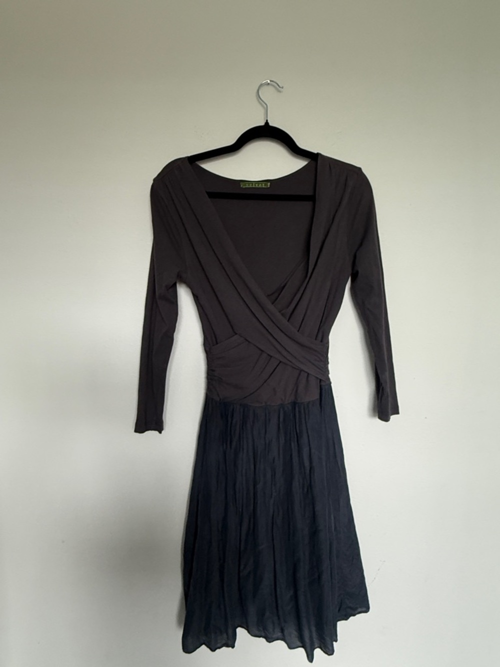 Velvet Brown Bodice with Black Skirt Long-Sleeve Wrap Dress